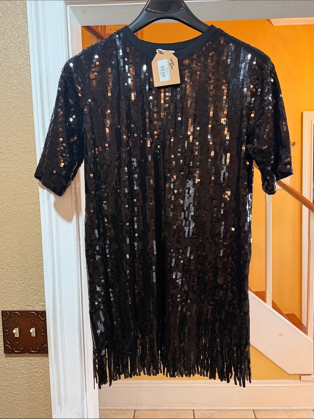 Black Sequin Fringe Short Sleeve Dress Tee